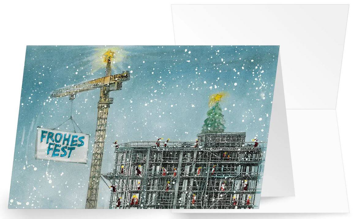 Detailreiche Weihnachts-Branchenkarte für Baufirmen, Hochbau und Industriebau mit Gruß