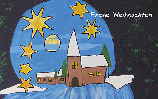 Weihnachtskarten mit gutem Zweck Deutsche Kinderkrebsstiftung Unsere Erde mit Kirche bei Nacht