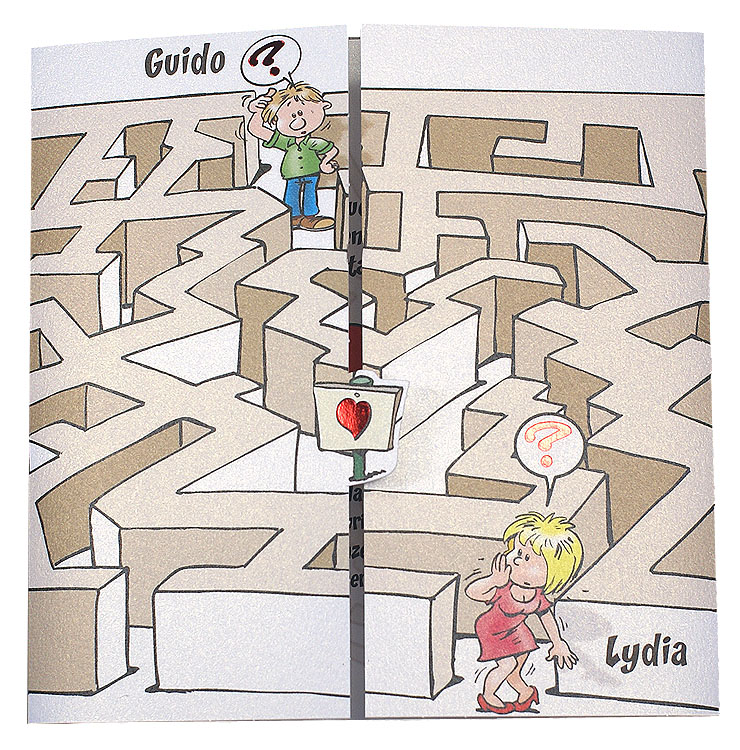 Comic-Hochzeitskarte quadratisch mit Brautpaar und Labyrinth