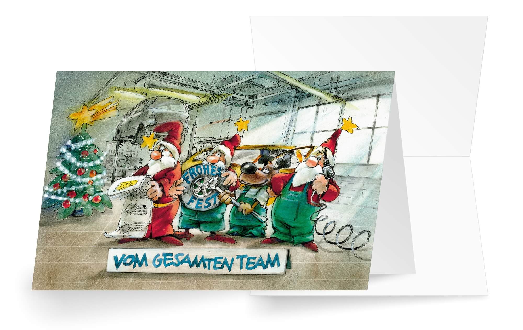 Branchenweihnachtskarte mit Grüßen vom Team für KFZ-Werkstatt, Reifenservice, Autohaus