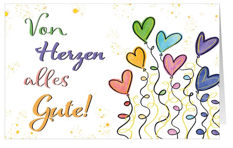 Bunte Glückwunschkarte mit Herzballons und dem Gruß "Von Herzen alles Gute!"