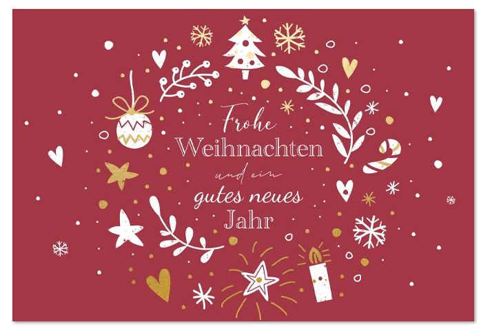 Rote Weihnachtskarte mit weißem Druck, Goldprägung und gutem Zweck: Make a Wish Deutschland e.V. 