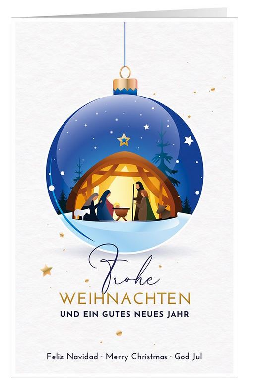 Mehrsprachige, christliche  Weihnachtskarte mit der Heiligen Familie im Stall von Betlehem