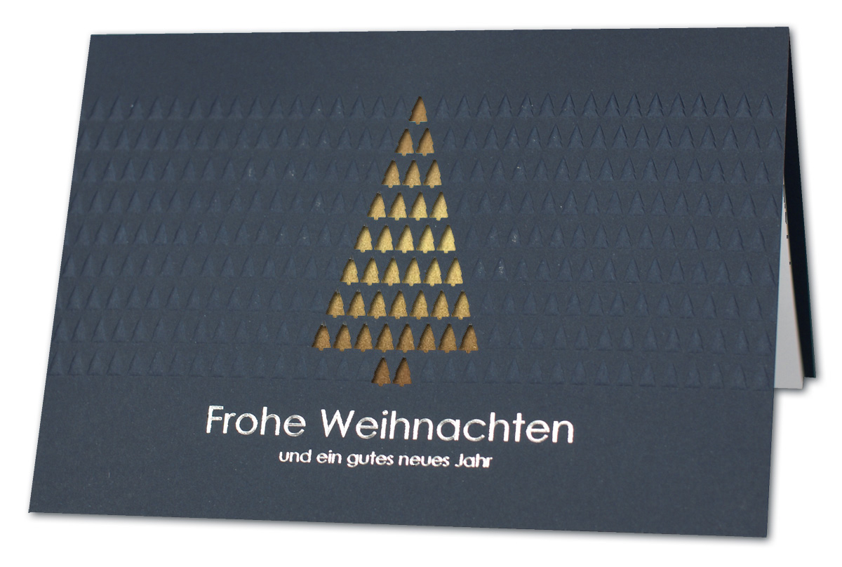 Blaue Weihnachtskarte mit goldenem Einlegeblatt und Spendenanteil: Deutsche Kinderkrebshilfe