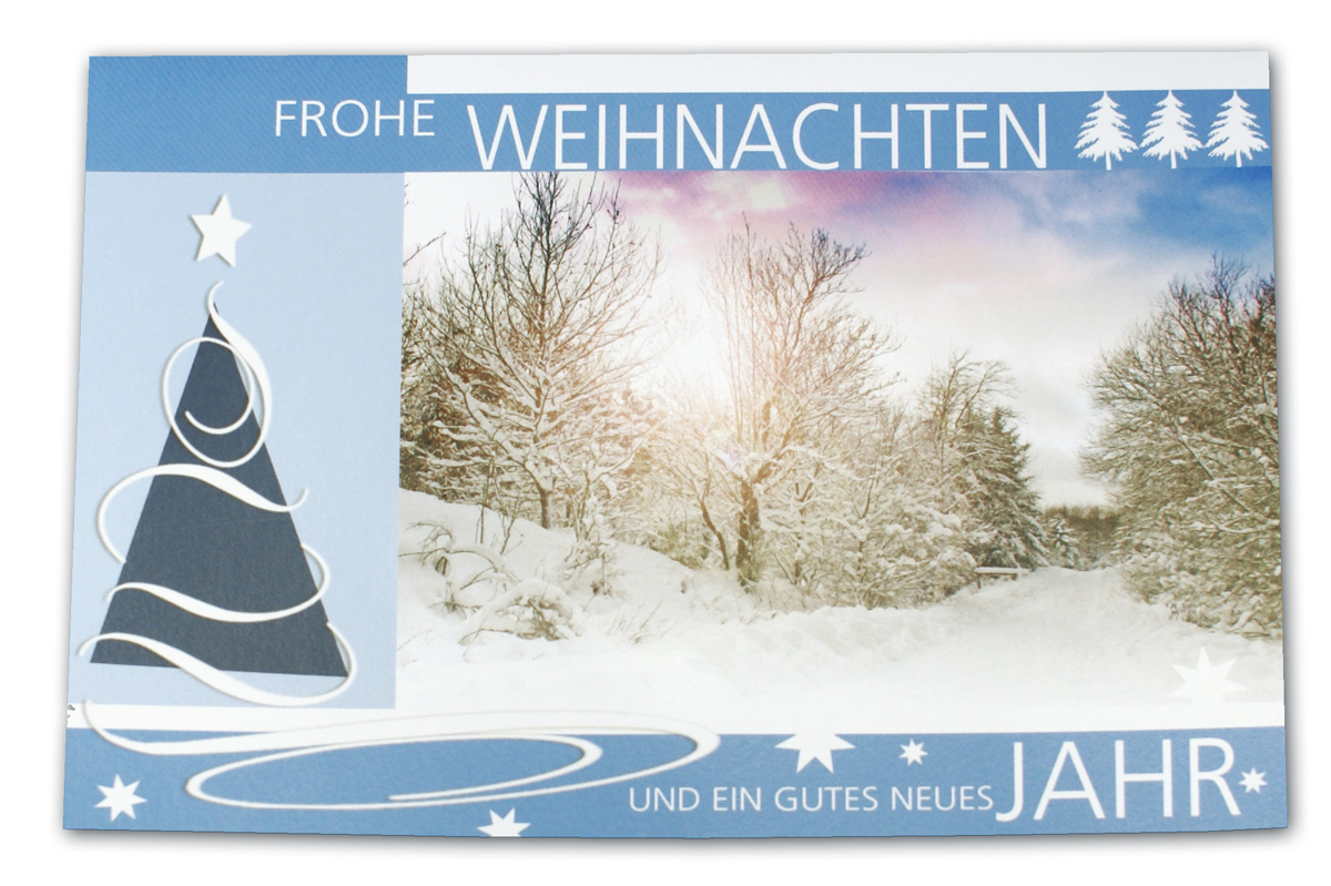 Weihnachtsgrußkarte mit verschneiter Winterlandschaft, Weihnachts- und Neujahrsgrüßen