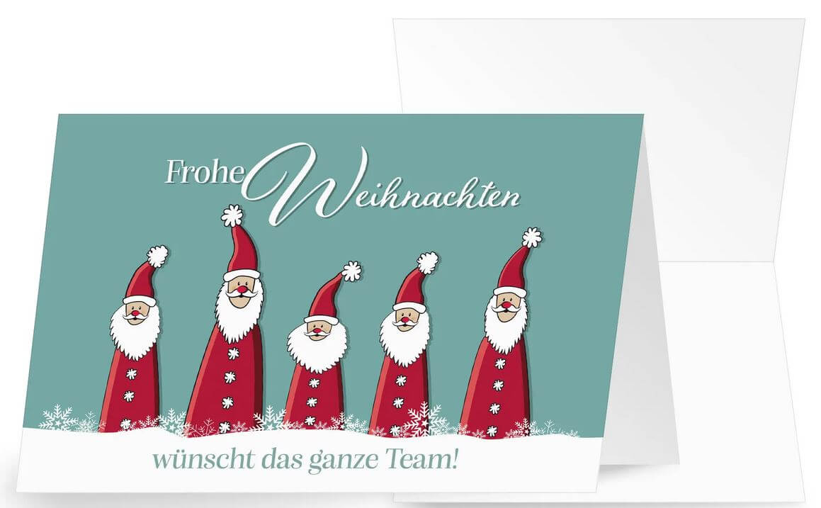 Humorvolle Team-Weihnachtskarte mit kleinen Weihnachtswichteln und Grüßen 