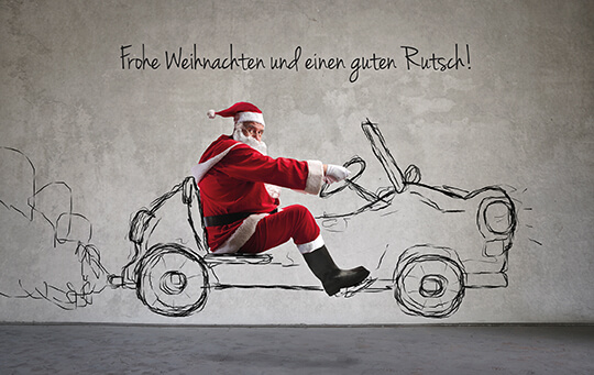 Lustige Weihnachtskarte für Fahrschulen, Autohäuser und Werkstätten "Allzeit gute Fahrt!"