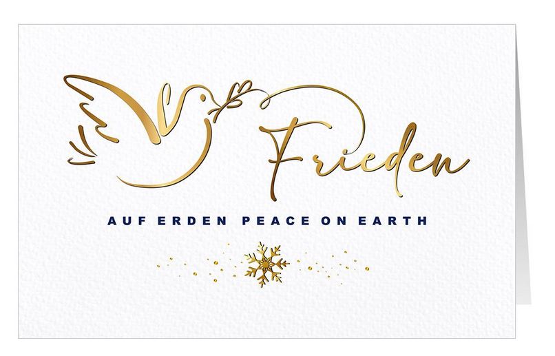 Weihnachtskarte mit Friedenstaube und Botschaft "Frieden auf Erden - Peace on Earth"