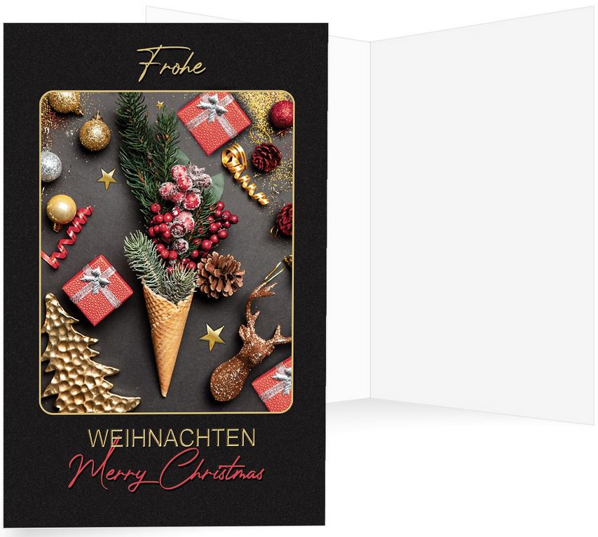 Weihnachtskarte im ausgefallenen Design mit gefüllter Eiswaffel und deutsch-englischsprachigem Gruß