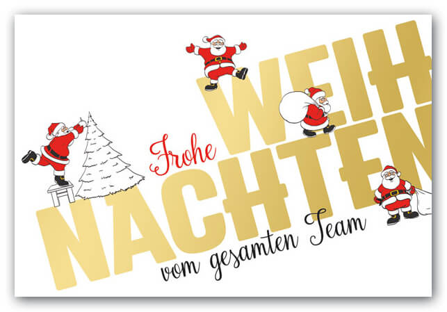 Lustige Team-Weihnachtskarte mit Weihnachtsmännern und Weihnachtsgruß vom gesamten Team.