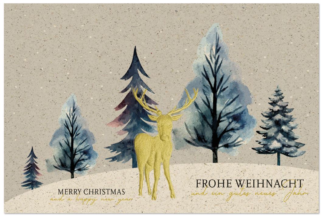 Naturbraune Weihnachtskarte mit goldenem Hirsch und deutsch-englischem Weihnachtsgruß