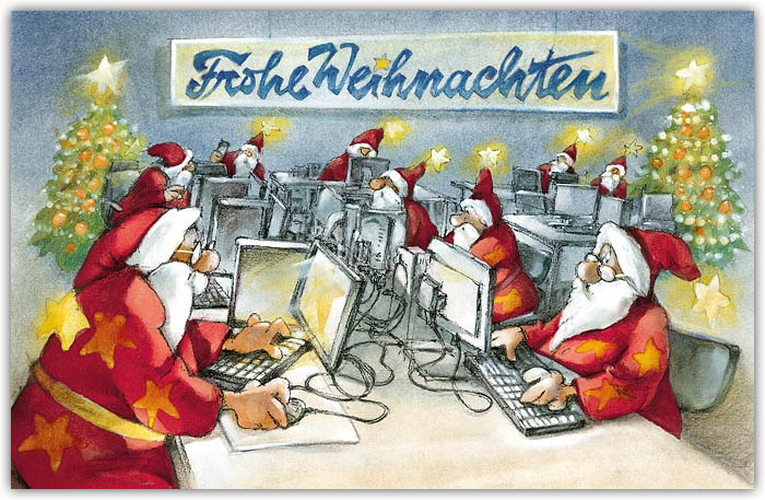 Lustige Branchenweihnachtskarte mit fleißigen Weihnachtsmännern hinter dem PC beim Arbeiten