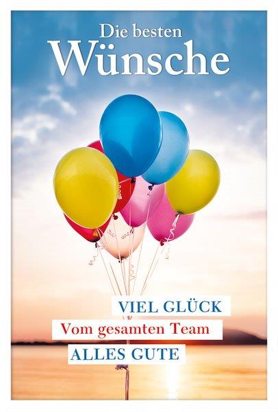 Farbenfrohe Glückwunschkarte mit bunten Luftballons und Grüßen vom Team, inkl. Einleger