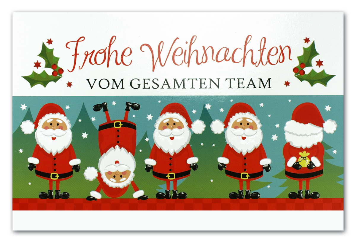 Lustige Weihnachtsgrußkarte mit Weihnachtsgrüßen vom gesamten Team und fröhlichen Weihnachtsmännern