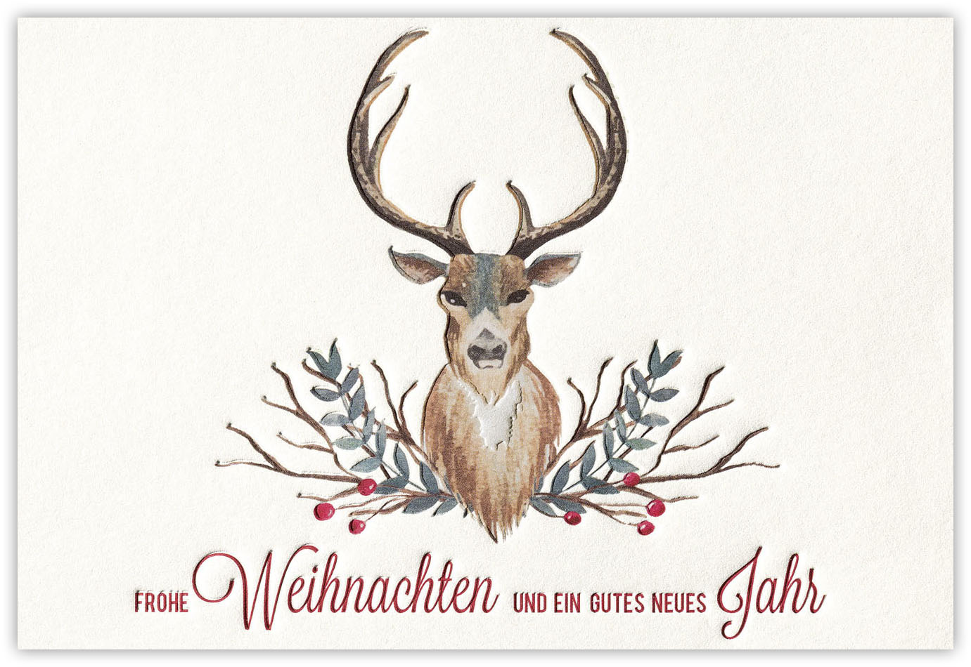 Weihnachtskarte mit Spendenanteil - Kindernothilfe, in creme mit Hirsch und Text