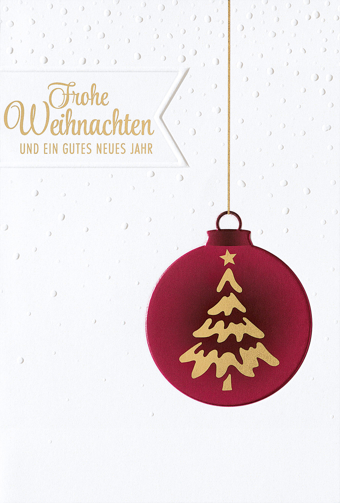 Weiße Weihnachtskarte mit roter Christbaumkugel und Tannenbaum sowie Weihnachtsgrüßen in gold