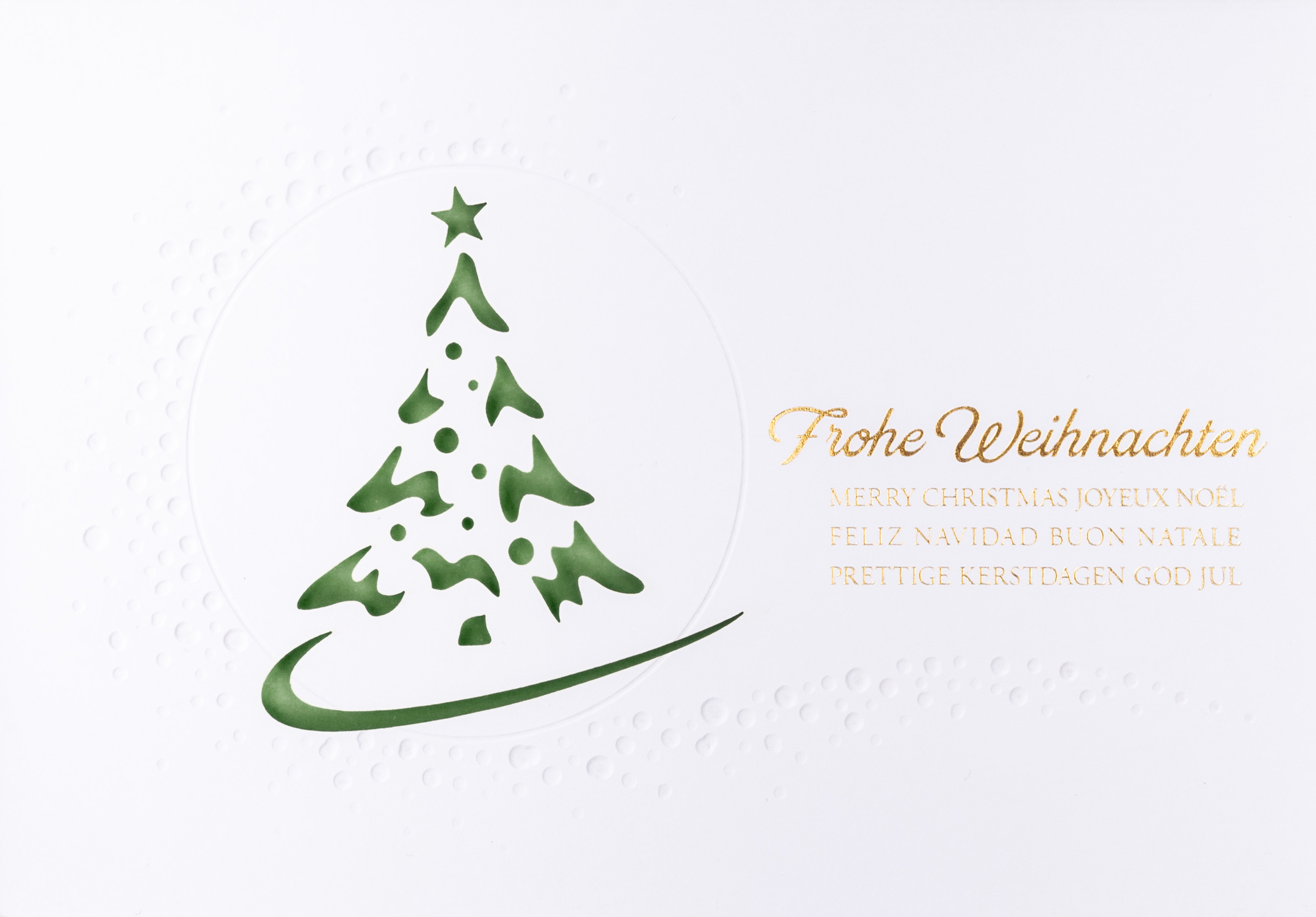 Weiße Laser-Weihnachtskarte mit goldener Folienprägung, Blindprägung und dunkelgrünem Einlegeblatt