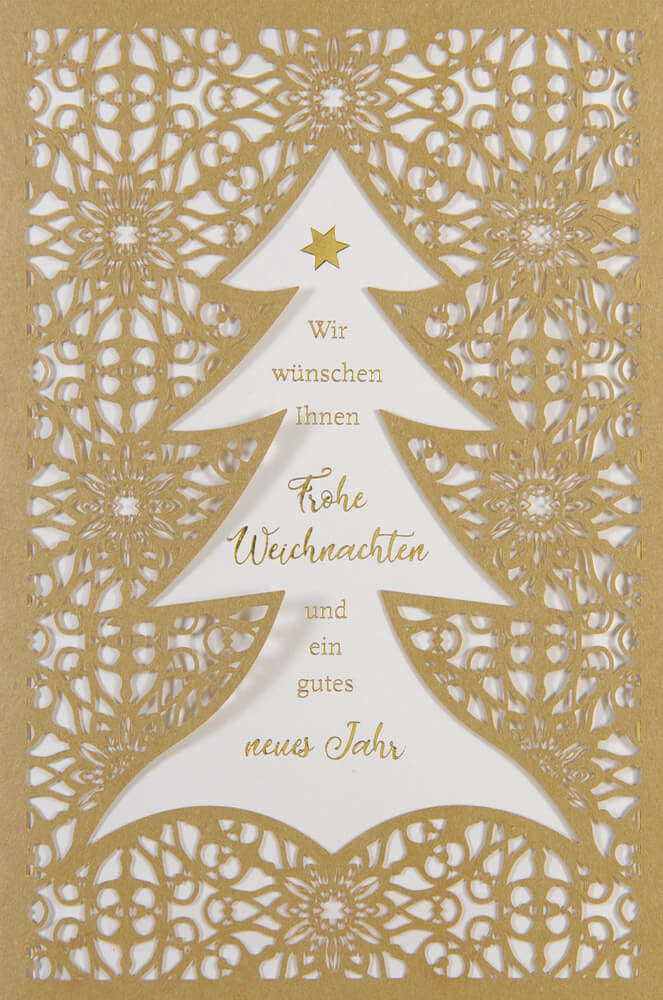 Naturbraune Weihnachtskarte mit filigraner Laserstanzung von Baum und Ornamenten