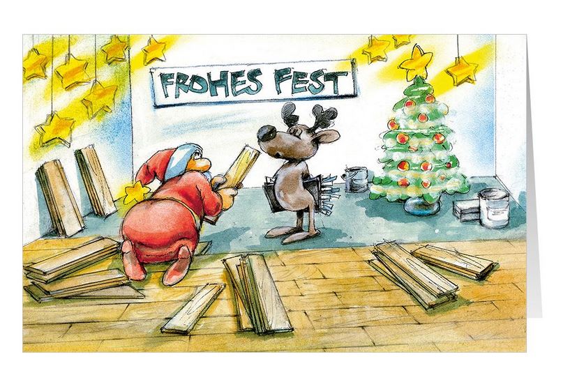 Originelle Weihnachtskarte mit Gruß "Frohes Fest" und dem Weihnachtsmann beim Verlegen von Parkett