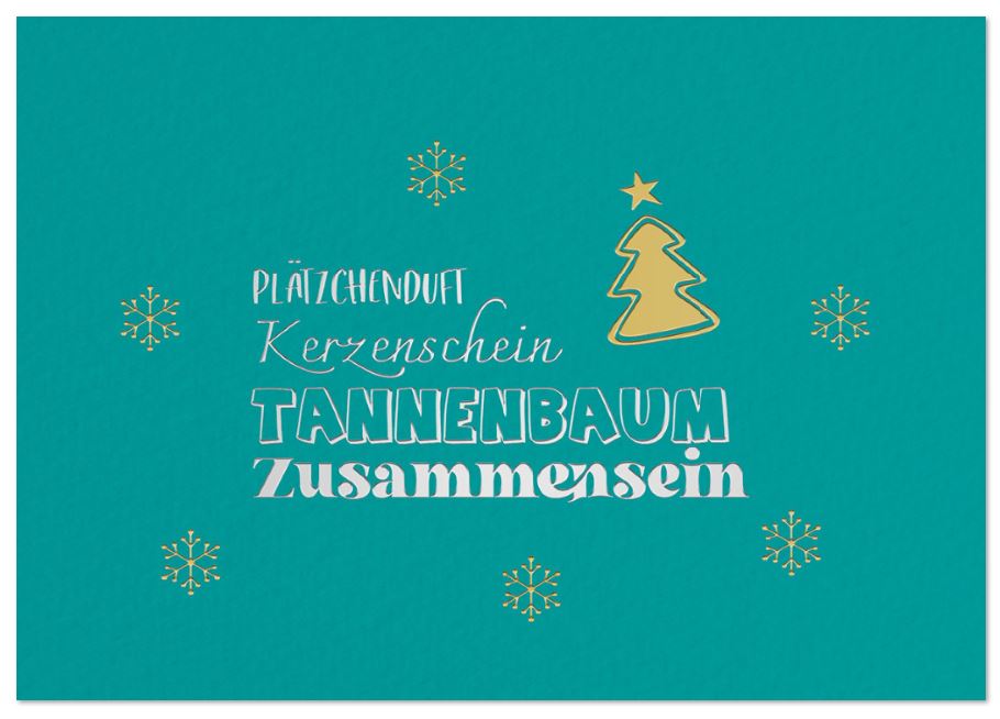 Türkisfarbene Weihnachtskarte "Plätzchengedicht" mit Gold- und Silberfolienprägung, inkl. Einlegeblatt innen