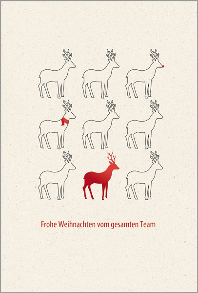 Humorvolle Firmenweihnachtskarte mit Teamgruß und rotem Foliendruck auf weißem Naturkarton