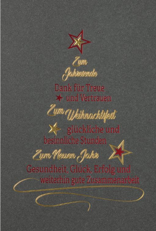 Firmenweihnachtskarte in dunkelgrau mit edler Folienprägung in gold und rot, inkl. Einlegeblatt