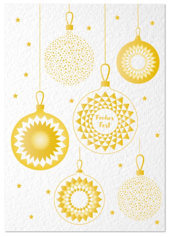 Weiße Weihnachtskarte mit verzierten, goldenen Weihnachtskugeln, "Frohes Fest", inkl. Einlegeblatt