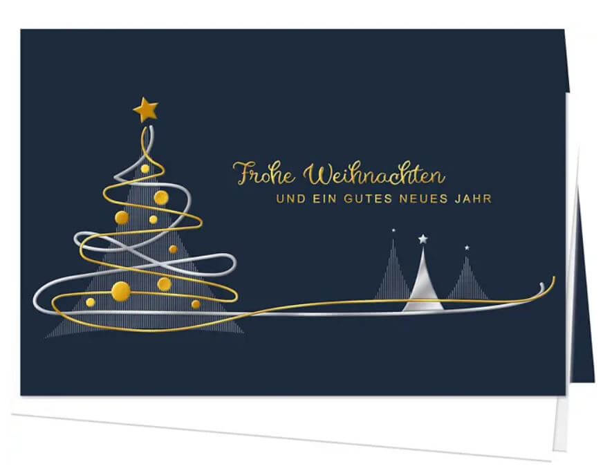 Festliche Weihnachtskarte in blau mit Soft-Touch Oberfläche und edler Prägung in gold und silber