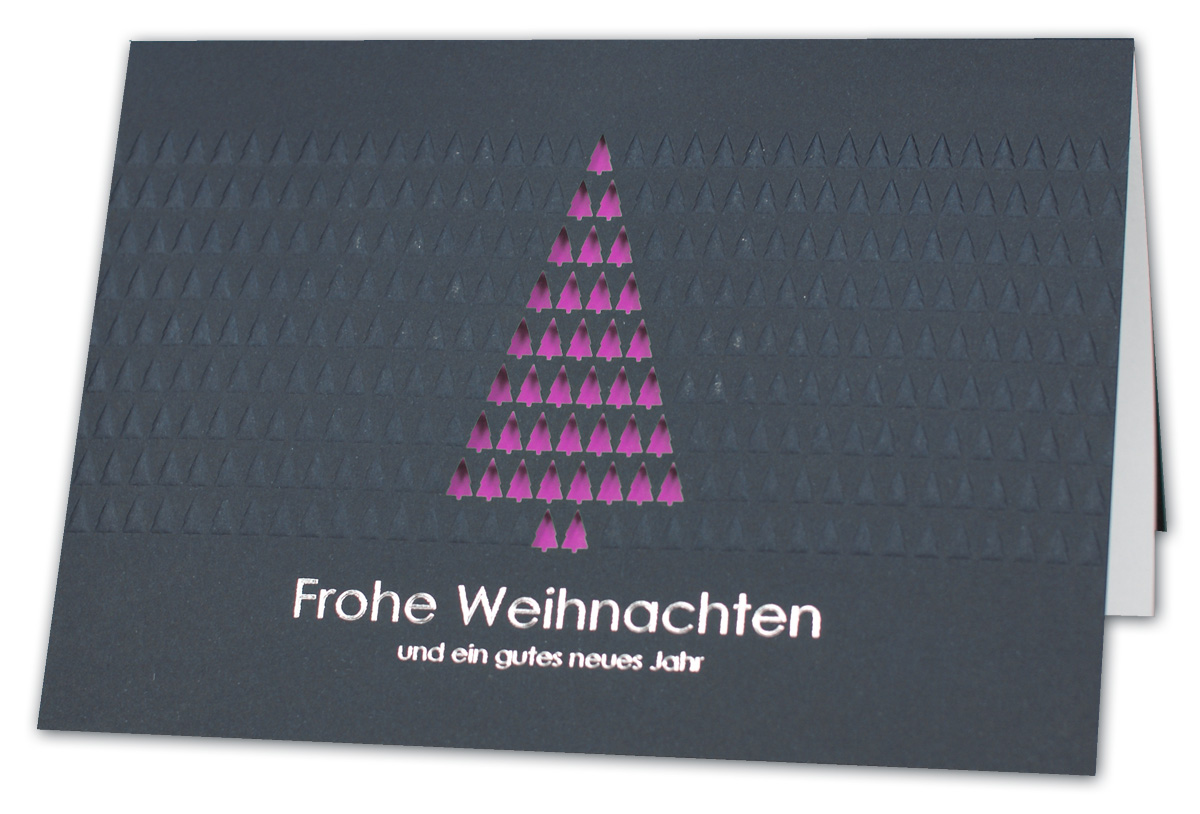 Blaue Weihnachtskarte mit Stanzung, Blind- und Silberfolienprägung, Einleger violett