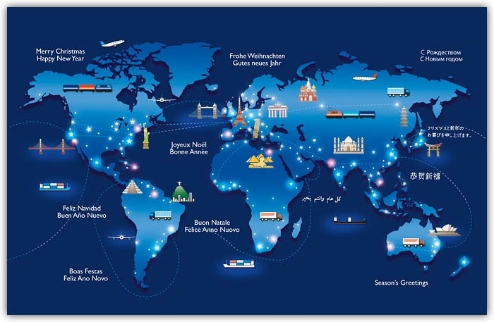 Weihnachtskarte mit Weltkarte und Sehenswürdigkeiten, für Logistik-Unternehmen, Speditionen und Transportunternehmen