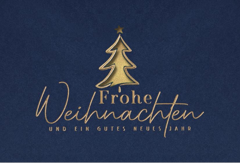 Dunkelblaue Weihnachtskarte mit Laserstanzung Baum, Goldfolienprägung und Einleger in gold