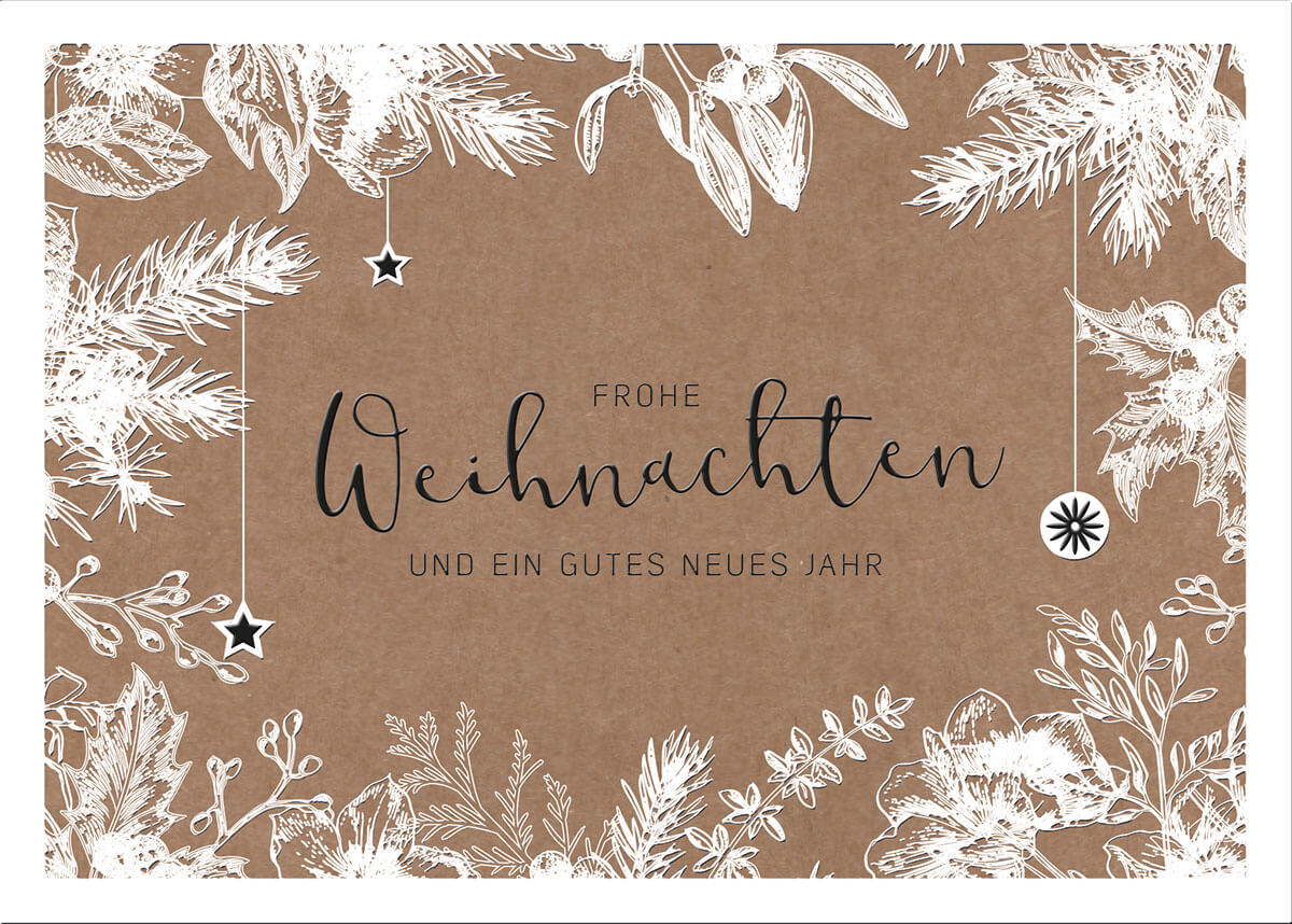 Naturbraune Weihnachtskarte aus festem Kraftkarton mit Einlegeblatt und Foliendruck