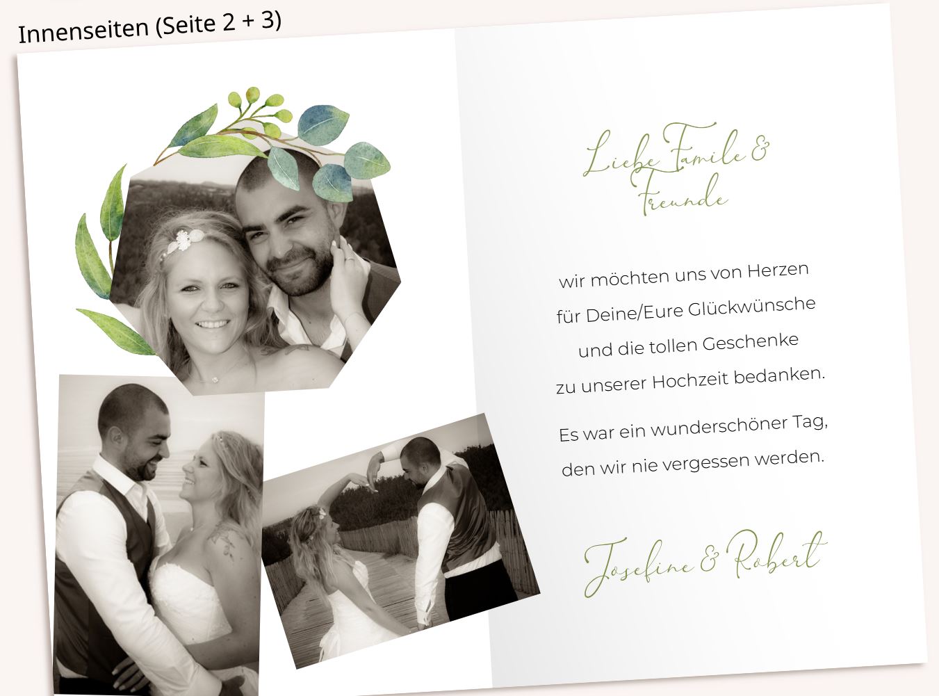 Florale Hochzeits-Dankkarte "Kranz der Liebe" mit Motivdruck Eukalyptus-Blätter-Kranz