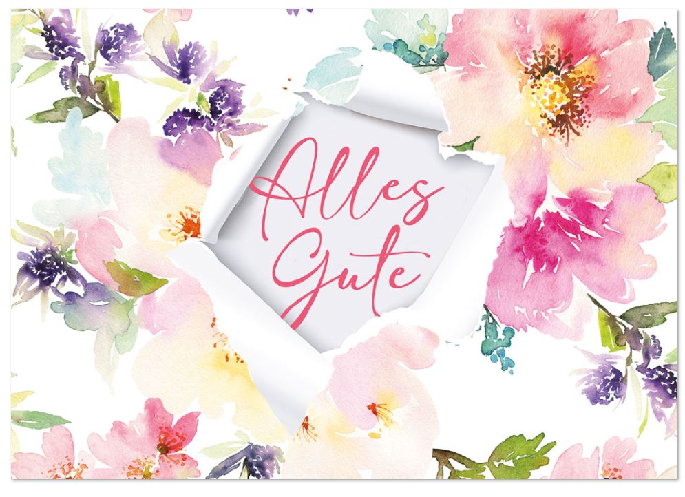 Florale Glückwunschkarte im Aquarellstil mit Schriftzug "Alles Gute" und Blüten.