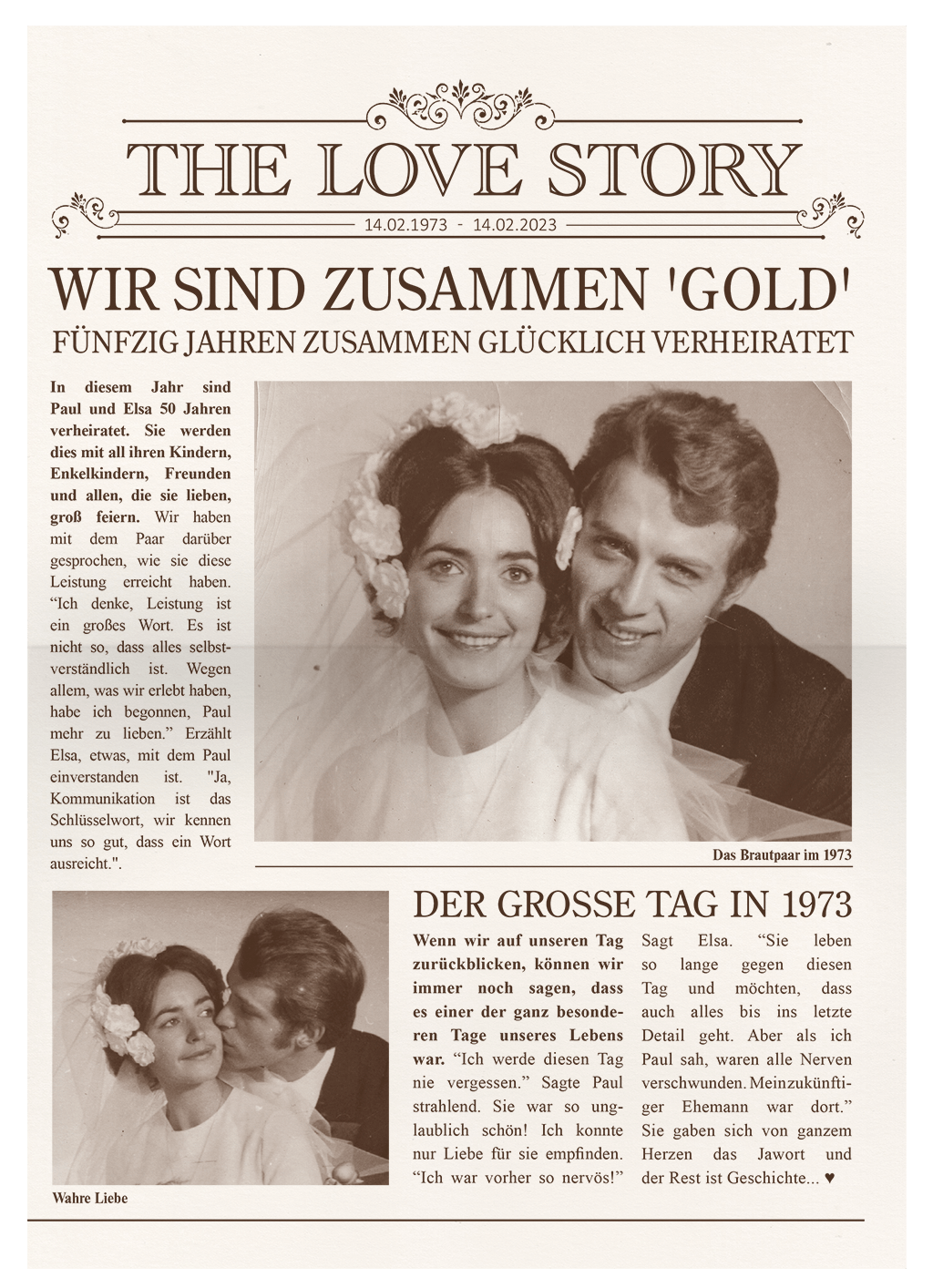 Seite 1 der Einladung für Goldene-Hochzeit oder Silberhochzeit im Stil einer Zeitung mit alten Hochzeitsfotos