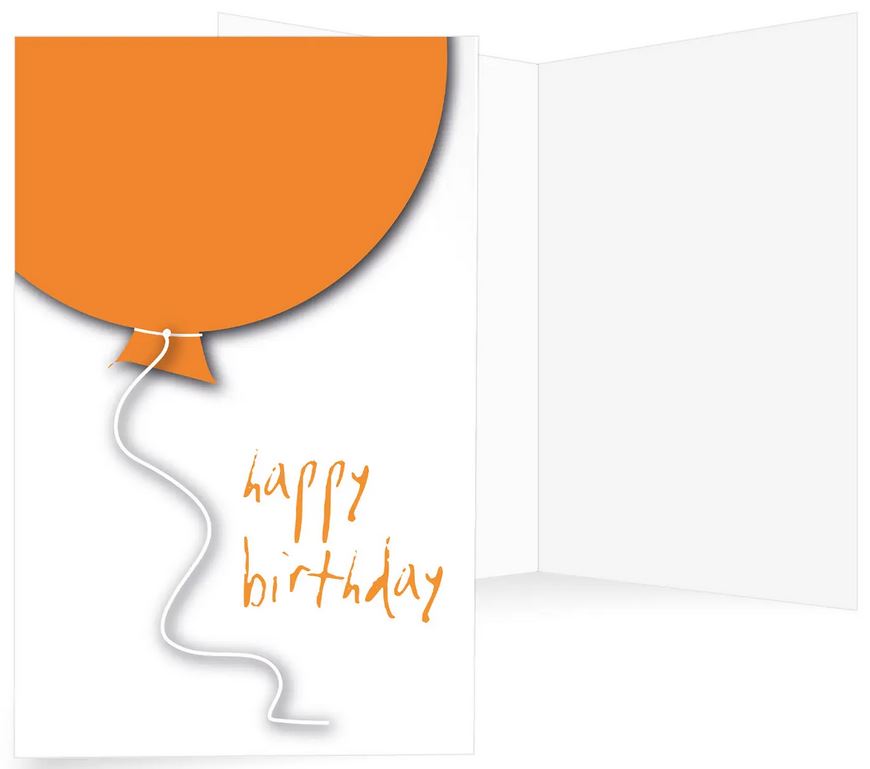 Origineller Geburtstagsgruß mit orangefarbenem Luftballon und Schriftzug "Happy Birthday"