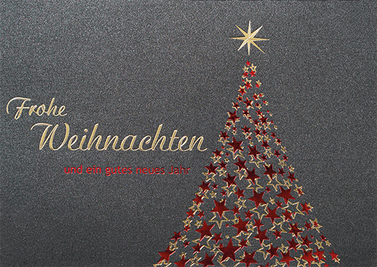 Anthrazitfarbene Weihnachtskarte mit Gold- und Rotfolienprägung von Gruß und Weihnachtsbaum