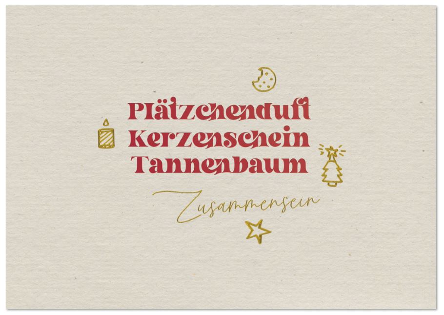 Weihnachts-Spendenkarte zugunsten der DKKS in grau mit weihnachtlichen Schlagworten und passenden Icons