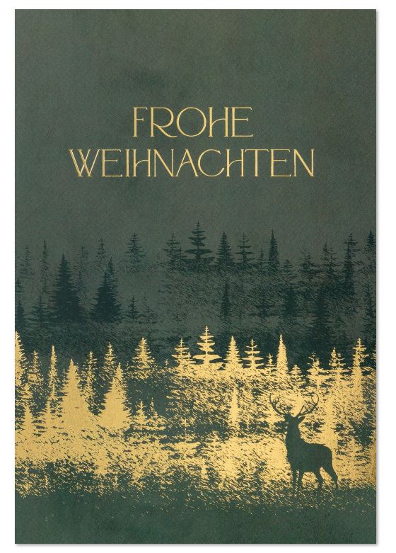 Dunkelgrüne Weihnachtskarte mit Hirsch und Goldfolienprägung Weihnachtsgruß und Tannenwald 