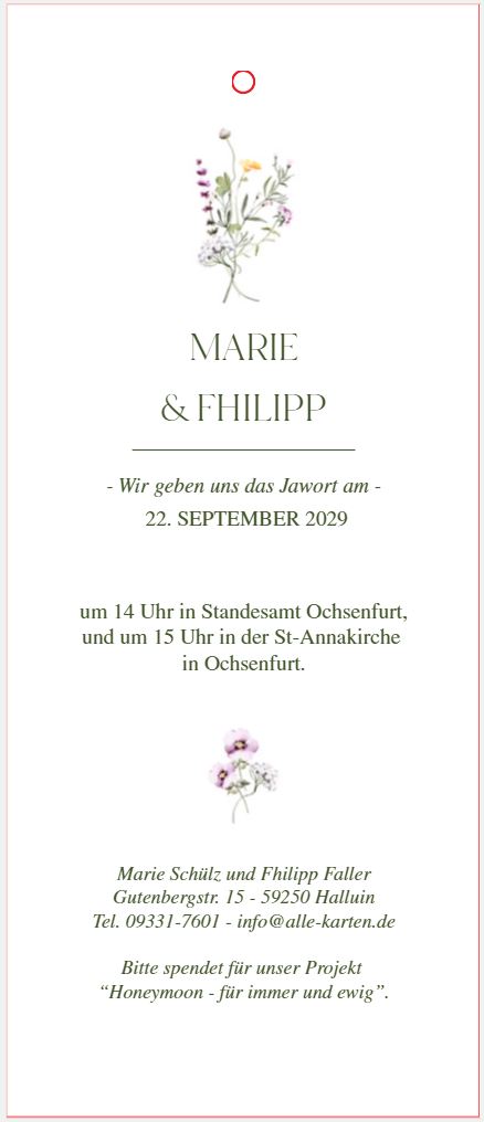 Beispielgestaltung von romantischer Einladungskarte zur Hochzeit mit bunten Sommerwildblumen