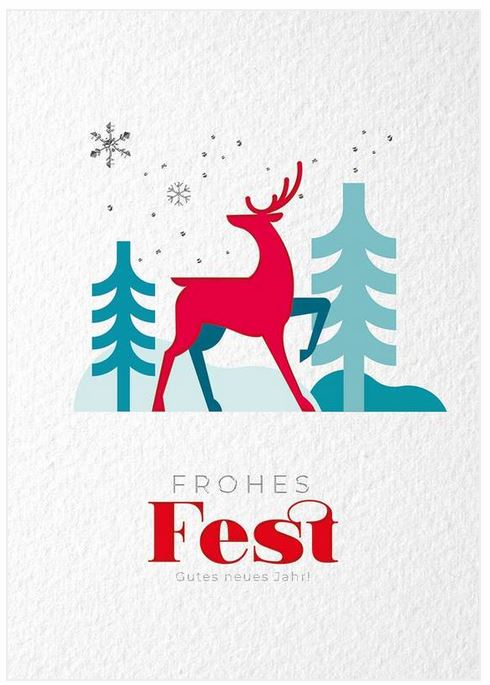 Weiße Weihnachtskarte mit rotem Hirsch zwischen Tannen und Weihnachtsgruß "Frohes Fest - Gutes neues Jahr"