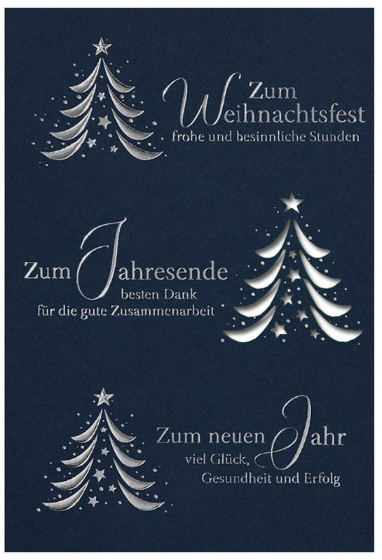 Firmen-Weihnachtskarte in blau mit Laserstanzung, Silberfoliendruck und Einleger in weiss