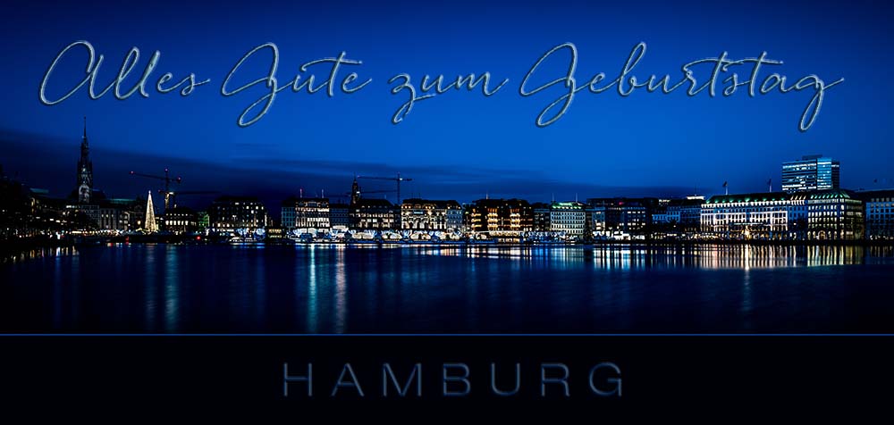 Geburtstags- Glückwunschkarte mit Stadtansicht von Hamburg zur blauen Stunde