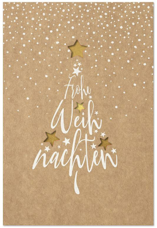 Laser-Weihnachtskarte mit Schneeflocken, Sternen und Gruß "Frohe Weihnachten", Einleger gold