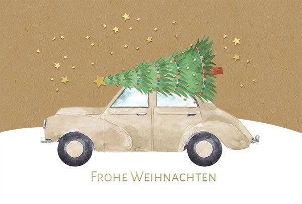 Originelle Weihnachtskarte mit Weihnachtsbaum auf Autodach und Gruß "Frohe Weihnachten".