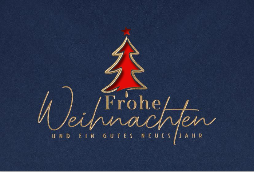 Dunkelblaue Weihnachtskarte mit Laserstanzung Baum, Goldfolienprägung und Einleger in rot