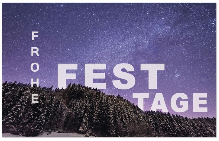 Winter-Weihnachtskarte "Frohe Festtage" mit Tannenwald unter blauem Sternenhimmel