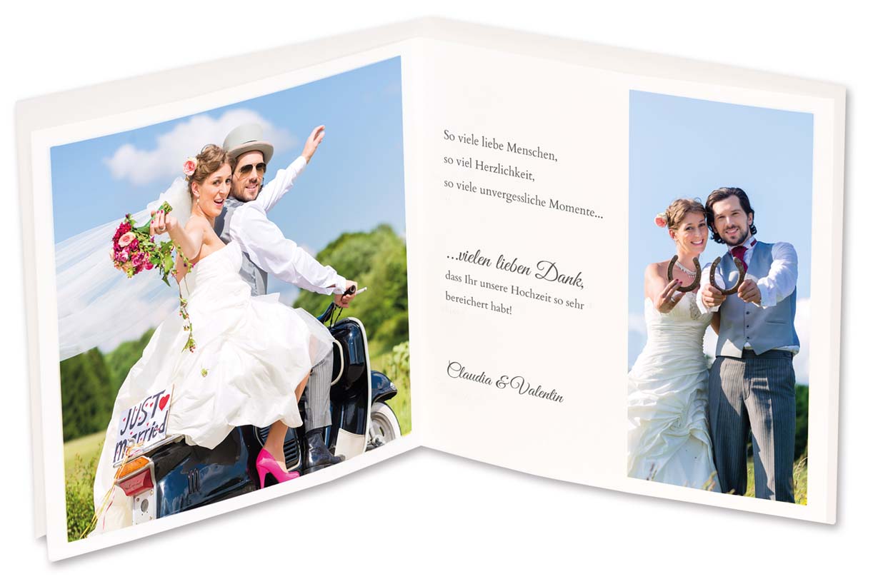 Dankeskarte für Hochzeit oder Silberhochzeit mit Beispielfotos und Mustertext innen