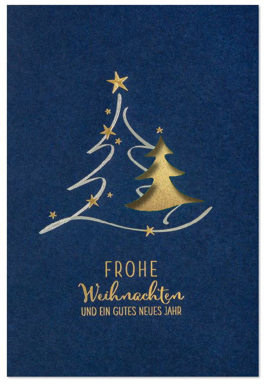 Blaue Laser-Weihnachtskarte mit Folienprägung, gestanztem Baum und Einleger in gold