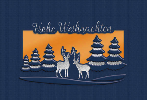 Dunkelblaue Weihnachtskarte mit orangenem Falteinlegeblatt und silberner Folienprägung